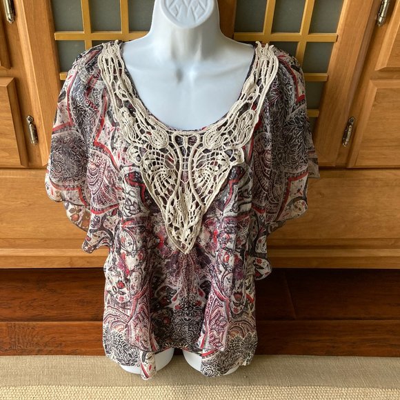 Style & Co. Tops - Style & Co. Print Crochet Flutter Sleeved Blouse  Large